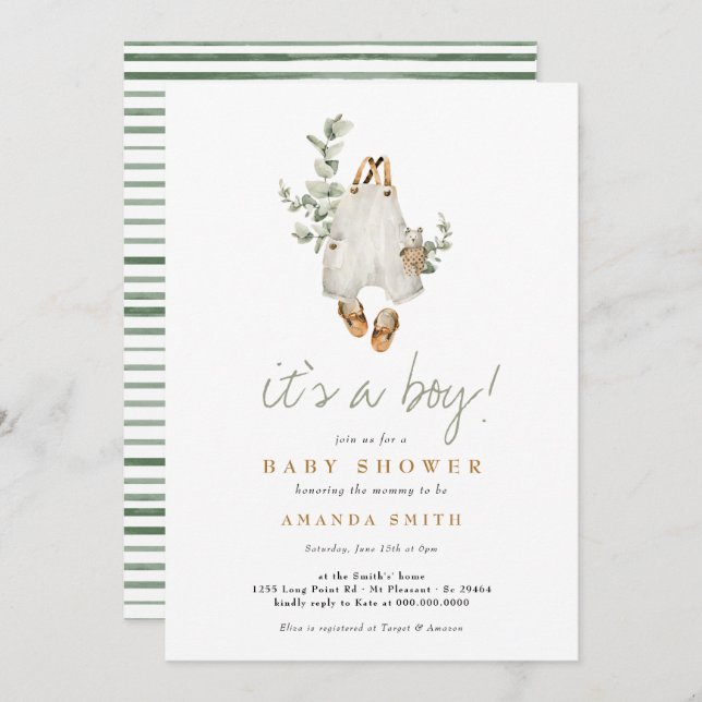 It's a Boy Eucalyptus Boho Minimalist Baby Shower Invitation (Front/Back)