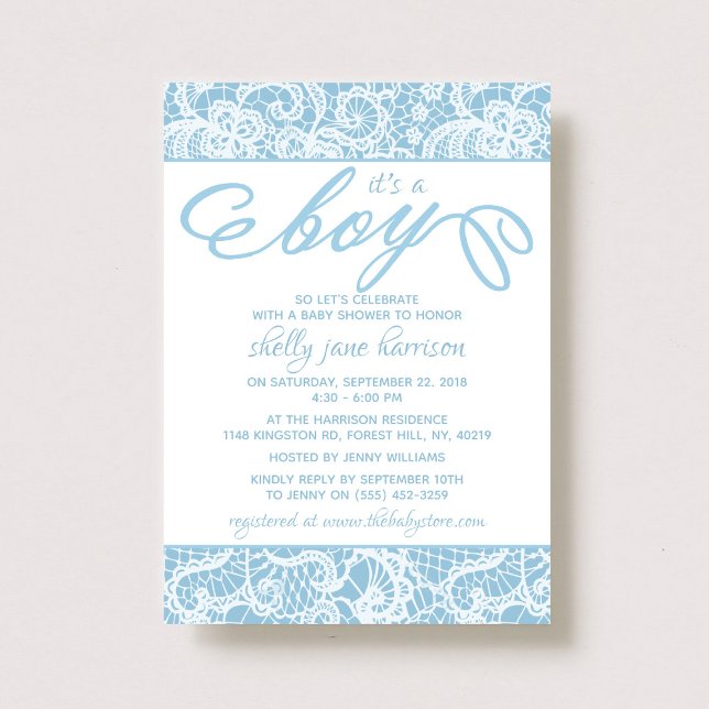 It's a Boy! Fancy Blue & White Lace Baby Shower Invitation (Creator Uploaded)