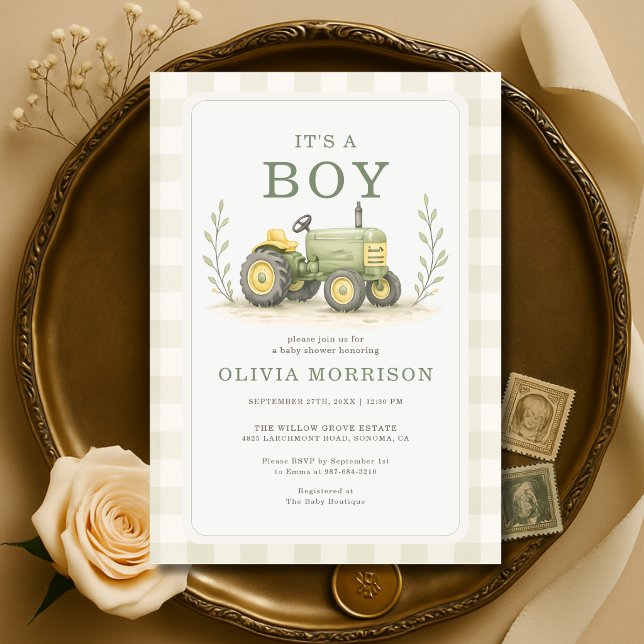 It's a Boy Farmer Tractor Gingham Baby Shower Invitation (Creator Uploaded)