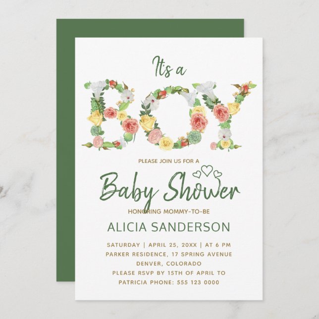 It's a BOY floral alphabet script baby shower Invitation (Front/Back)