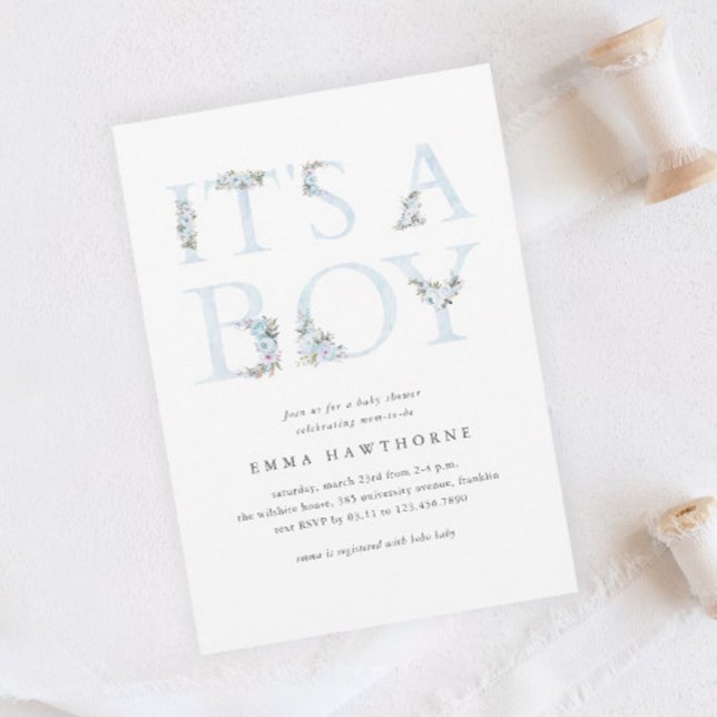 It's A Boy Floral Typography Boys Baby Shower Invitation (It's a Boy Elegant Floral Typography Baby Shower Invitation.)