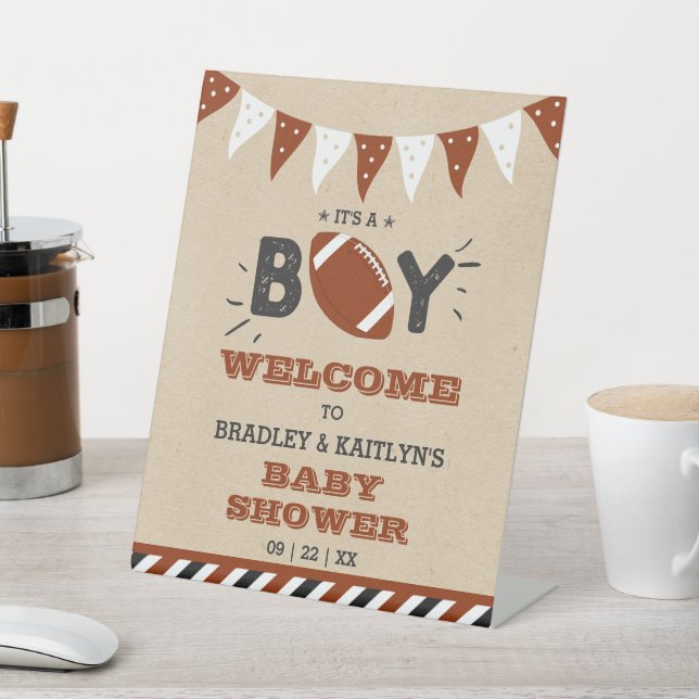 It's A Boy! Football Themed Baby Shower Welcome Pedestal Sign (In SItu)