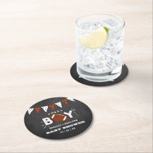 It's A Boy! Football Themed Co-ed Baby Shower Round Paper Coaster
