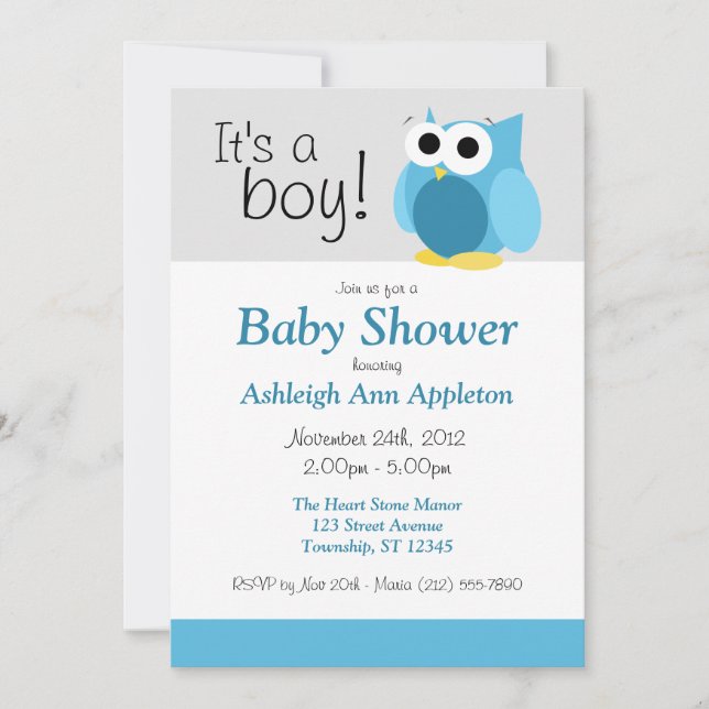 It's a boy! Funny Blue Owl Baby Shower Invitations (Front)