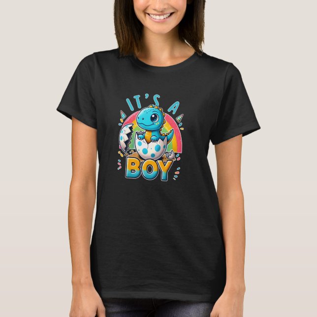 It's A Boy Gender Reveal Baby Shower Dinosaur Rain T-Shirt (Front)