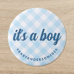 It's a Boy Gingham Baby Shower 7.5 Cm Round Badge<br><div class="desc">This baby shower button features a pastel blue and white gingham check background, evoking a sense of southern charm. The message "it's a boy" in stylish cursive lettering ensures the button is eye-catching while maintaining an air of casual elegance. The button reflects a classic preppy yet contemporary feel, suitable for...</div>