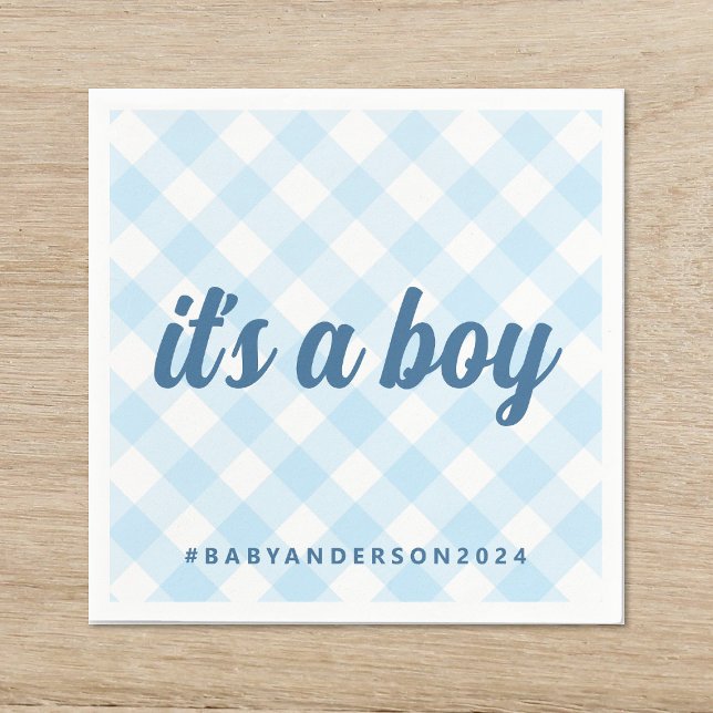 It's a Boy Gingham Baby Shower Napkin (Creator Uploaded)