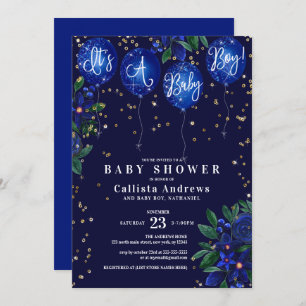 It's a Boy Glitter Balloons Floral Baby Shower Invitation