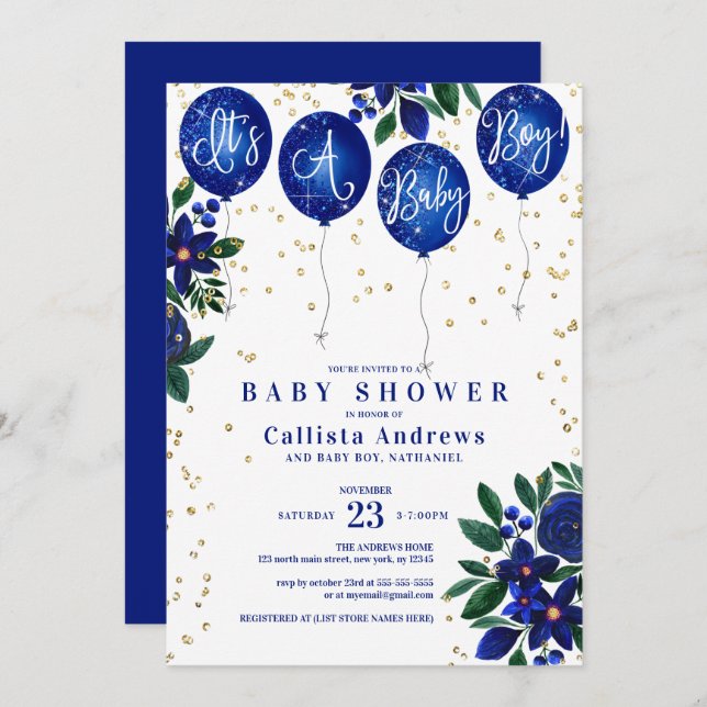It's a Boy Glitter Balloons Floral Baby Shower Invitation (Front/Back)