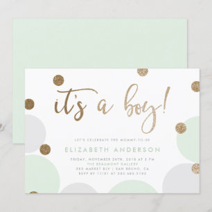 It's a Boy! Green & Gold Confetti Baby Shower Invitation