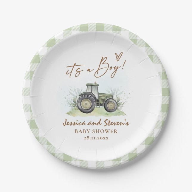 It's A Boy Green Tractor Farm Baby Shower  Paper Plate (Front)
