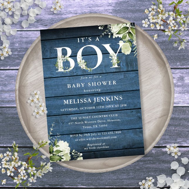 Its A Boy Greenery Blue Rustic Wood Baby Shower Invitation (Its A Boy Greenery Blue Rustic Wood Baby Shower Invitation)