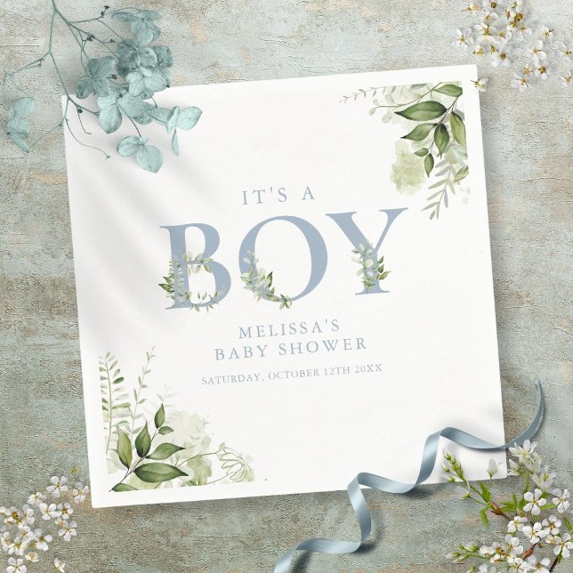 Its A Boy Greenery Dusty Blue Letter Baby Shower Napkin (Its A Boy Greenery Dusty Blue Letter Baby Shower Napkins)