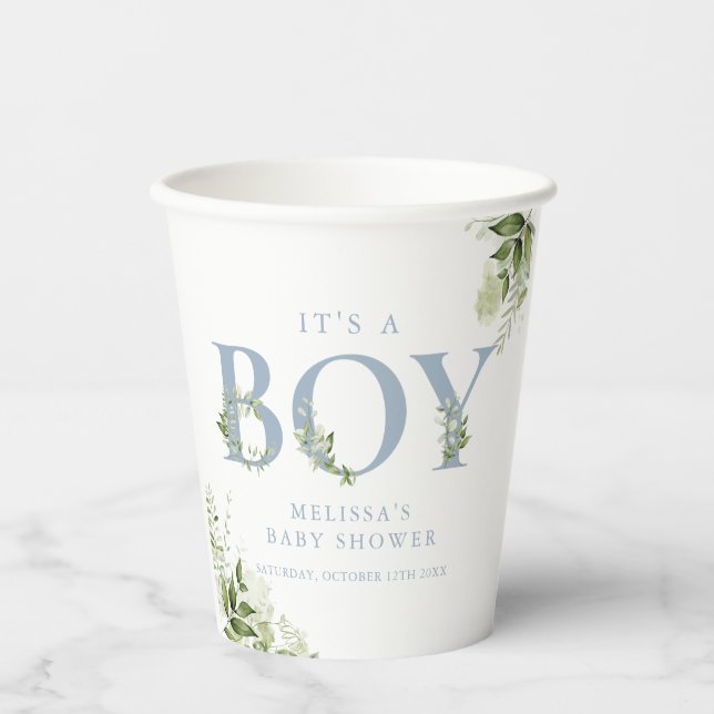 Its A Boy Greenery Dusty Blue Letter Baby Shower Paper Cups (Front)