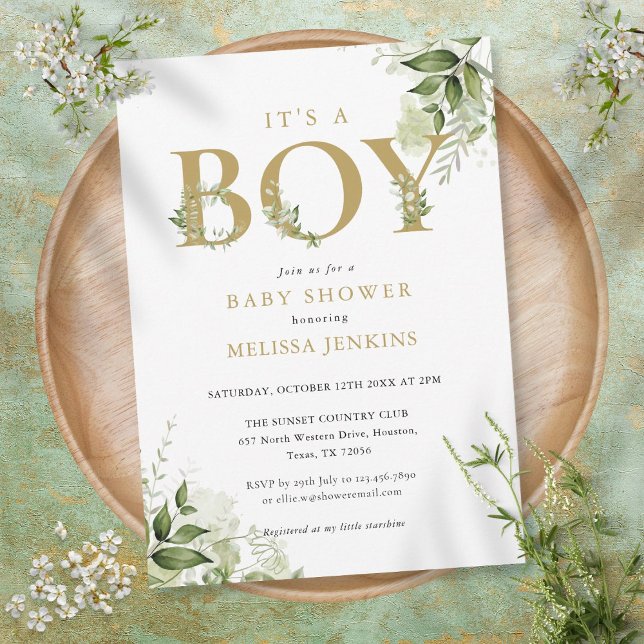 Its A Boy Greenery Foliage Gold Letter Baby Shower Invitation (Creator Uploaded)
