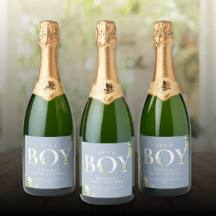Its A Boy Greenery Letter Dusty Blue Baby Shower Sparkling Wine Label
