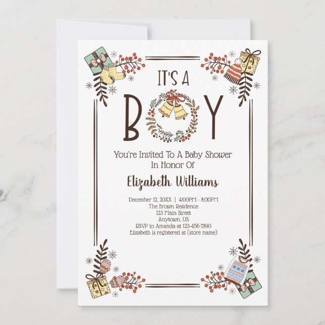 It's A Boy Hand Drawn Winter Baby Shower Invitation (Front)