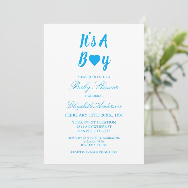 It's a Boy Heart Baby Shower Invitation (Standing Front)
