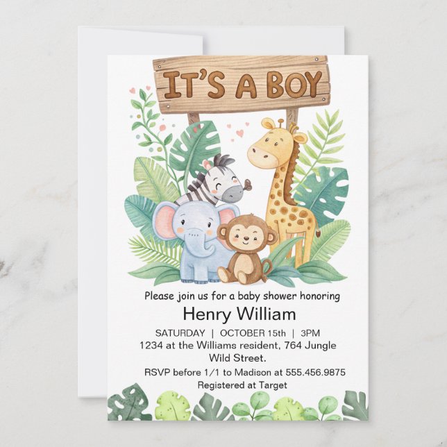 It's a boy jungle safari animals baby boy shower invitation (Front)