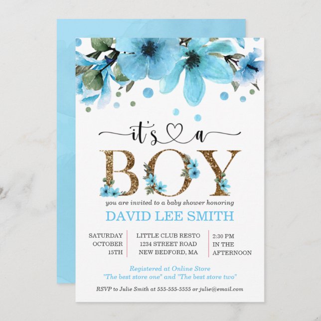 It's a boy Light blue and gold watercolor (Front/Back)