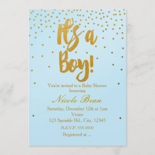 IT'S A BOY Light Blue & Gold Confetti Invitation