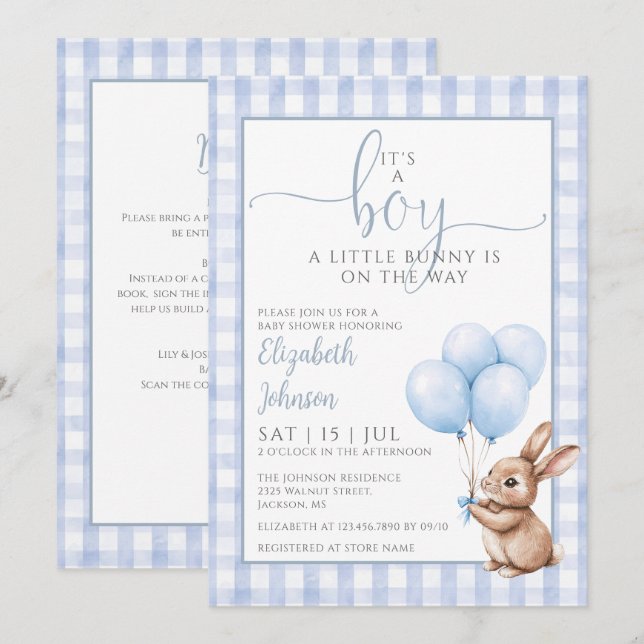 Its A Boy Little Bunny Blue Baby Shower All In One Invitation (Front/Back)