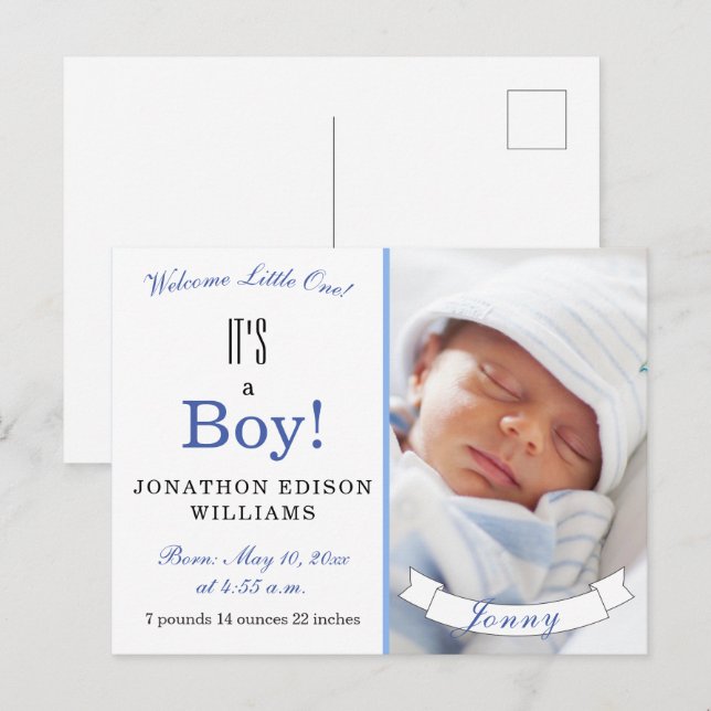 It's a Boy! Modern Blue Baby Photo Birth Announcement Postcard (Front/Back)