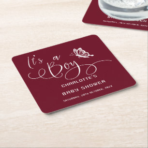 It's A Boy Modern Minimal Butterfly Baby Shower Square Paper Coaster