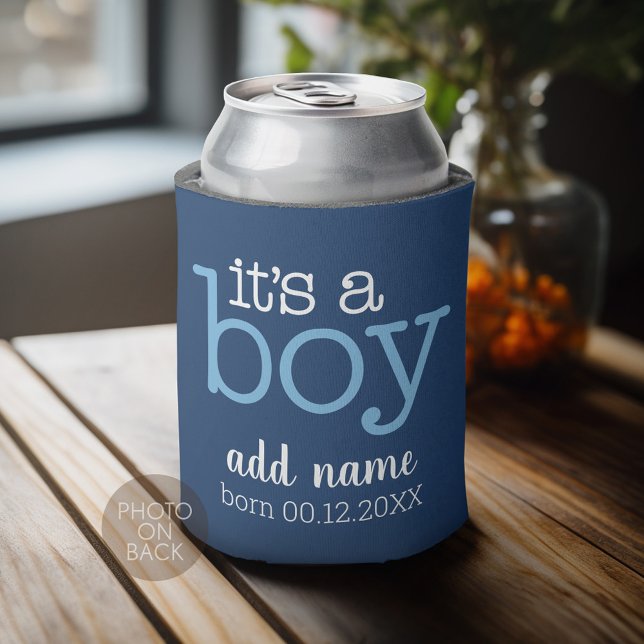 It's A Boy - Modern, Whimsical Baby Name and Photo Can Cooler (Personalized Can Cooler - Add Custom Text or Name)