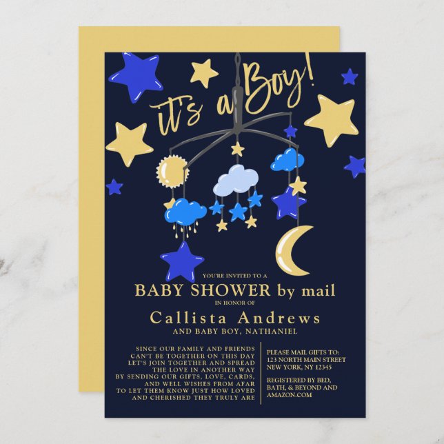 It's a Boy Moon Stars Mobile Baby Shower By Mail Invitation (Front/Back)