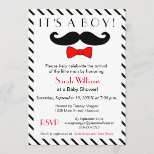 It's A Boy Moustache and Red Bowtie Baby Shower Invitation