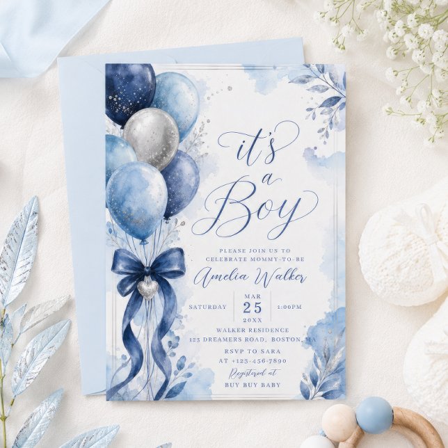 It's a Boy Navy Balloon Baby Shower Invitation (Creator Uploaded)