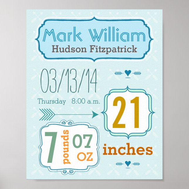It's A Boy! New Baby Stats Cute Arrow Poster (Front)