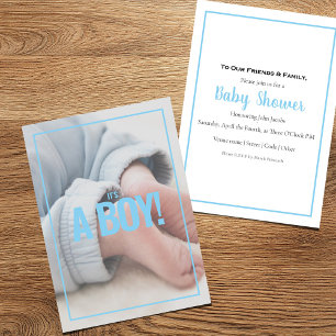 Its a boy, own photo, baby shower card.