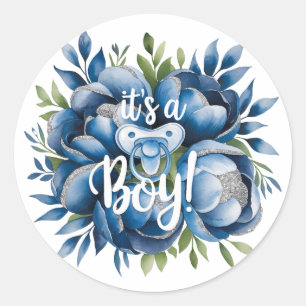 It's a Boy! Painted Pacifier & Peonies Baby Shower Classic Round Sticker