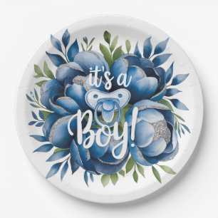 It's a Boy! Painted Pacifier & Peonies Baby Shower Paper Plate