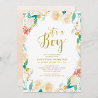 It's a Boy Peach Gold Glitter Floral Baby Shower