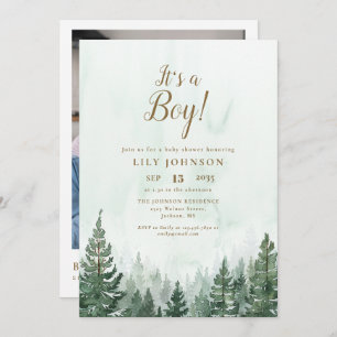Its A Boy Pine Forest  Photo QR Code Baby Shower Invitation