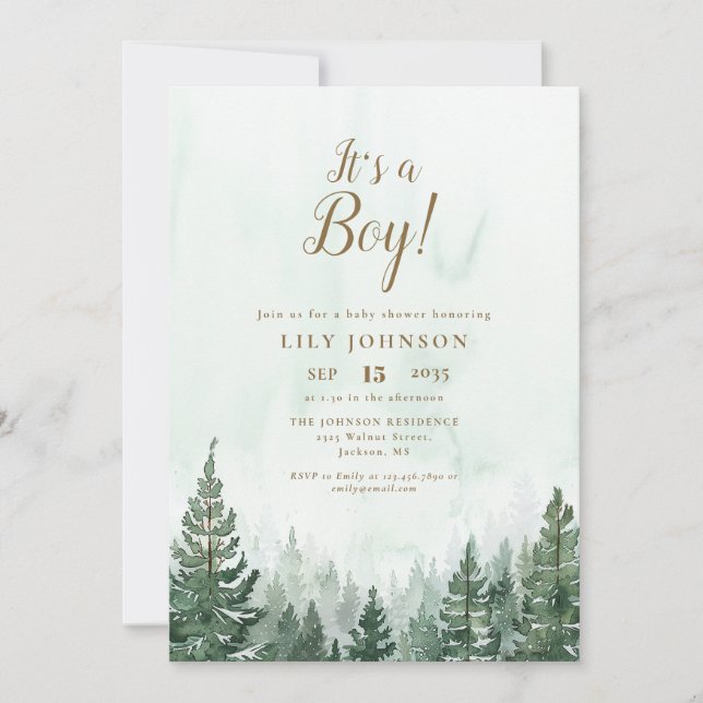 Its A Boy Pine Forest Photo QR Code Baby Shower Invitation (Front)