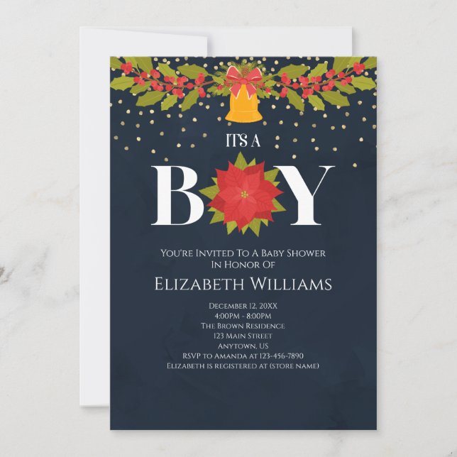 It's A Boy Poinsettia Bell Christmas Baby Shower Invitation (Front)
