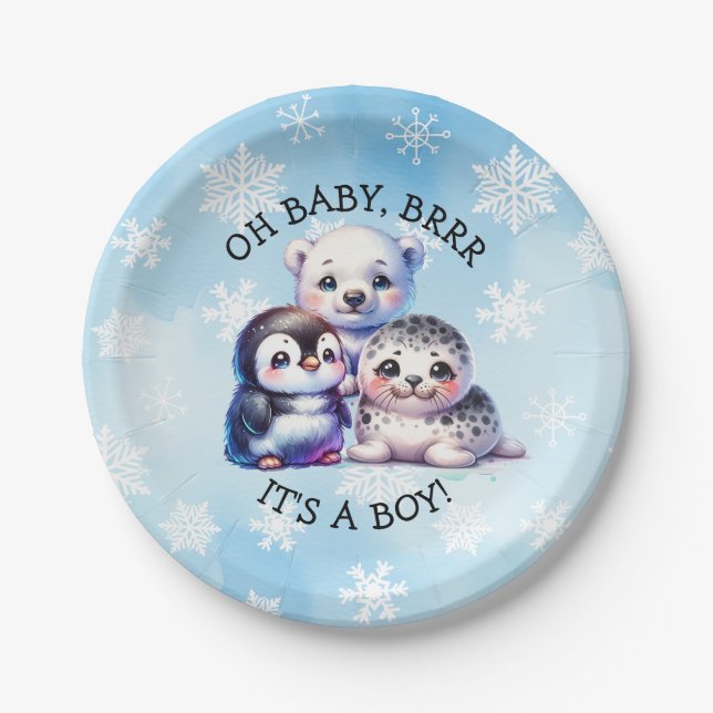 It's a Boy | Polar Arctic Winter Baby Shower Paper Plate (Front)