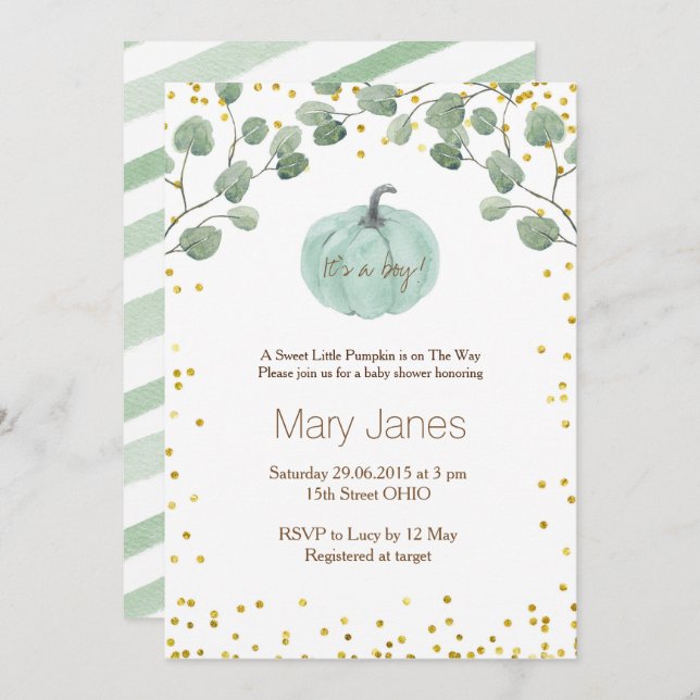 it's a boy pumpkin baby shower watercolor invitation (Front/Back)
