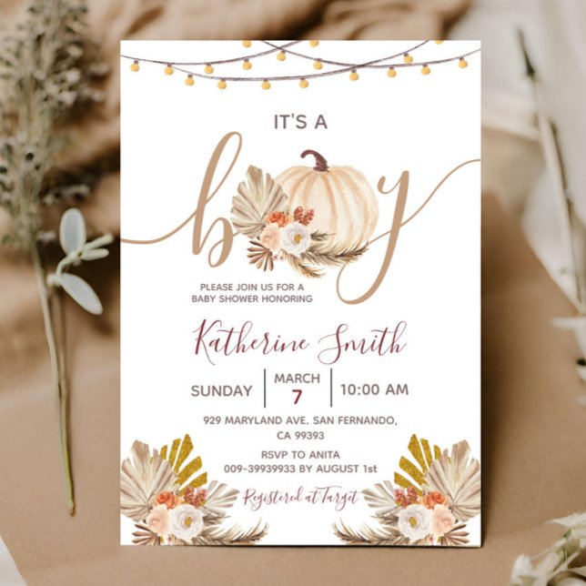 It's a Boy Pumpkin Boho Pampas Floral Baby Shower  Invitation (Creator Uploaded)