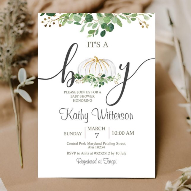 It's a Boy Pumpkin Greenery Floral Baby Shower Invitation (Creator Uploaded)