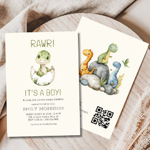 It's a Boy QR Code Boho Dinosaur Baby Boy Shower Invitation