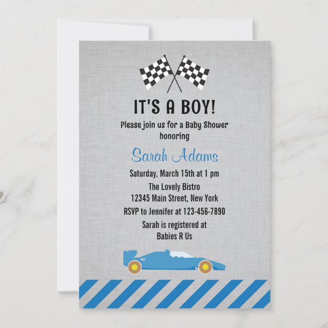 It's A Boy Race Car Baby Shower Invitation (Front)