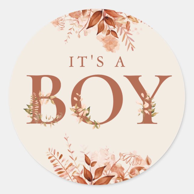 Its A Boy Rustic Floral Fall Baby Shower Classic Round Sticker (Front)