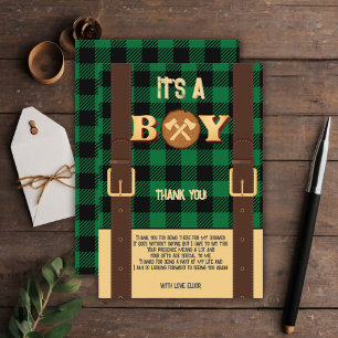 It's a boy Rustic Lumberjack Flannel Baby Shower I Thank You Card