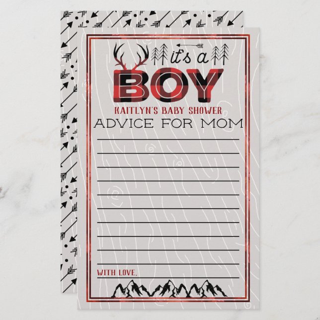 It's A Boy! Rustic Plaid Lumberjack Baby Advice (Front/Back)