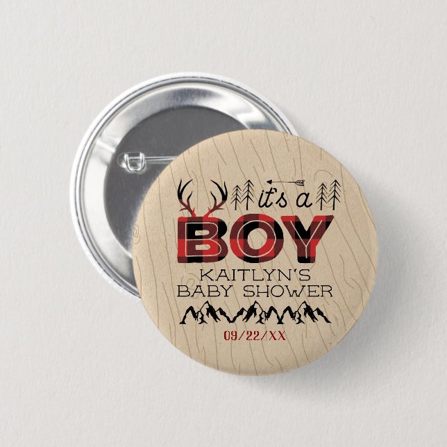 It's A Boy! Rustic Plaid Lumberjack Baby Shower 6 Cm Round Badge (Front & Back)